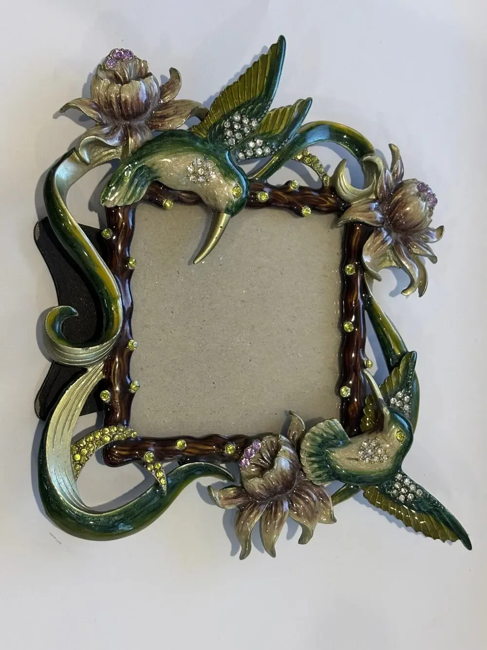 Whimsical Hummingbirds & Flowers Crystal Rhinestones and Enamel Picture Frame